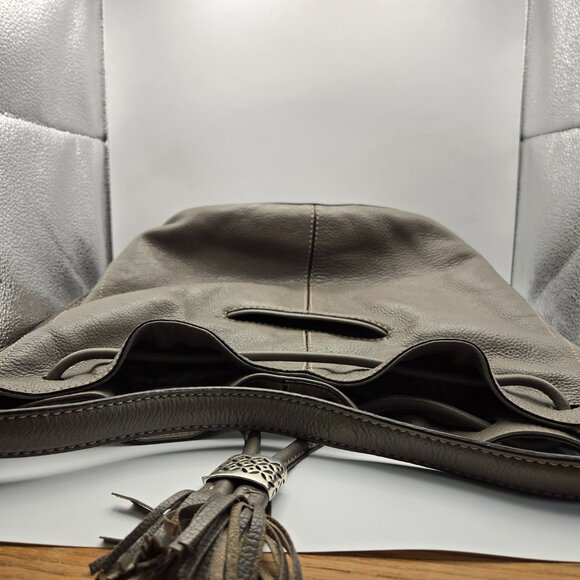 Brighton Gray Pebbled Leather Drawstring Bucket Purse with Shoulder Strap - Picture 15 of 16